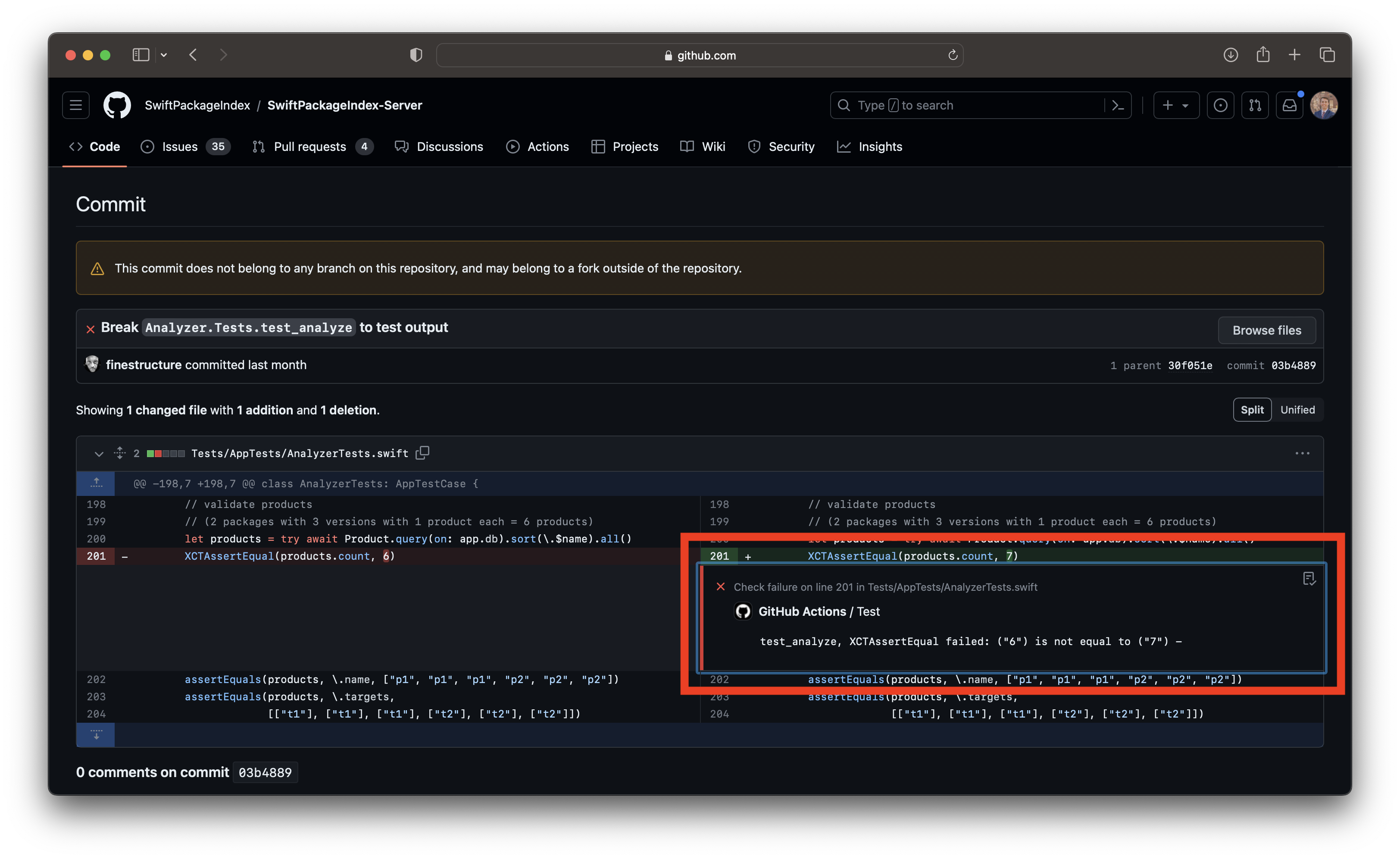 An image that shows a GitHub Actions run with an inline xcbeautify comment.